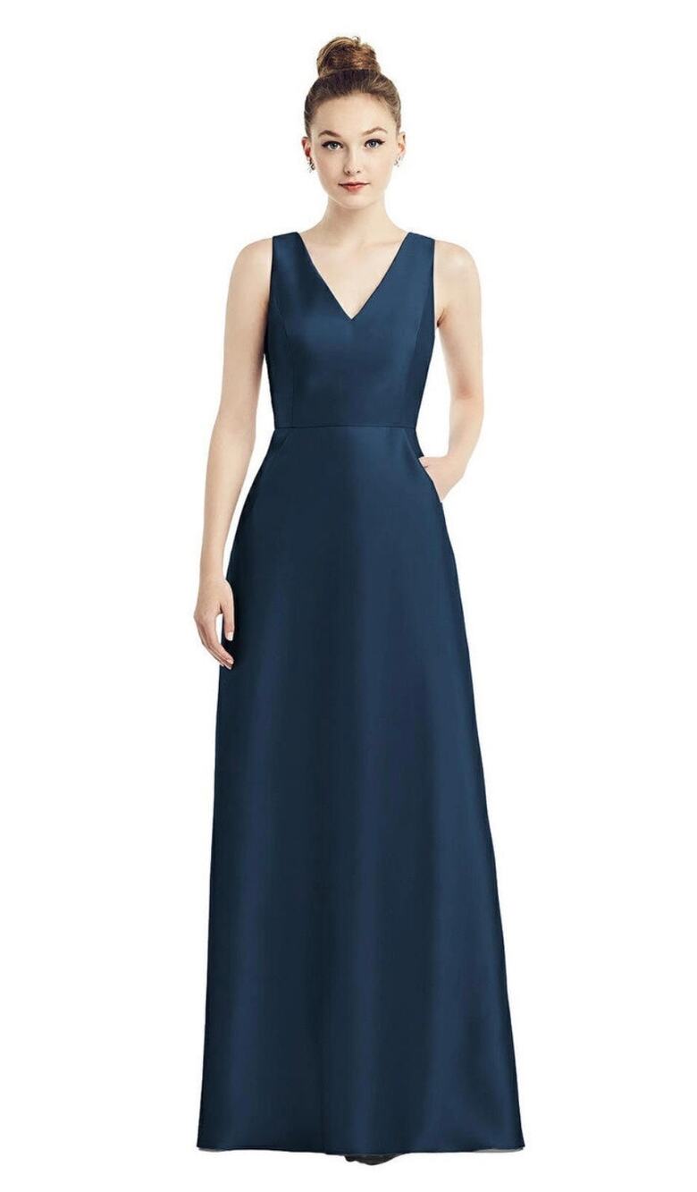 Alfred Sung NWT Gown Maxi Dress Sz 14 Satin V-Neck Pockets D778 Special Occasion